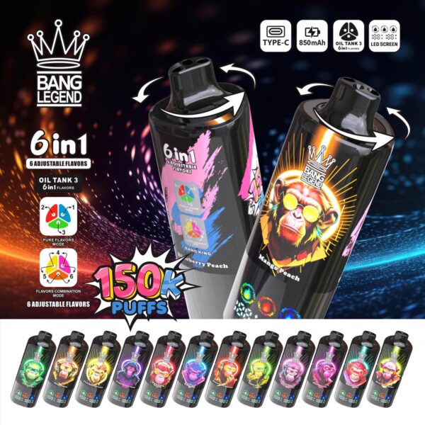 E-papieros Jednorazowy BANG LEGEND 150K (6 w 1) | Ekran LCD | Dostawa 1-2 dni robocze